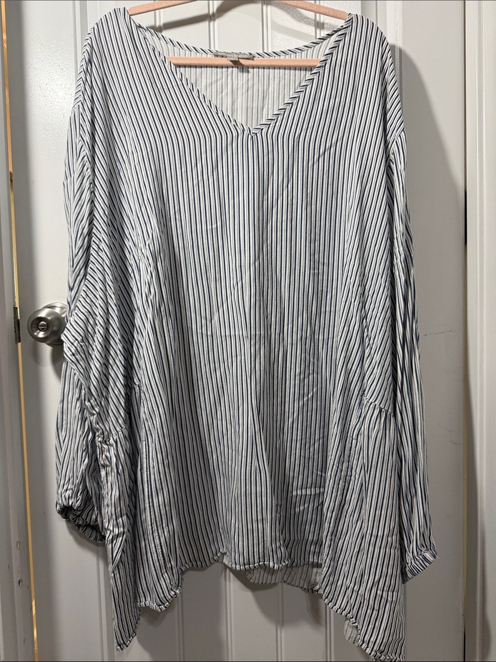 Woman Within White and Navy Vertical-Stripe Long Sleeve V-Neck Shirt